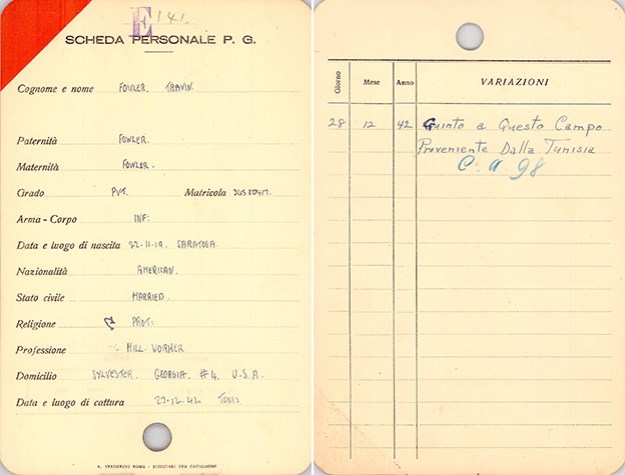 Travis Fowler's Italian POW card, NARA